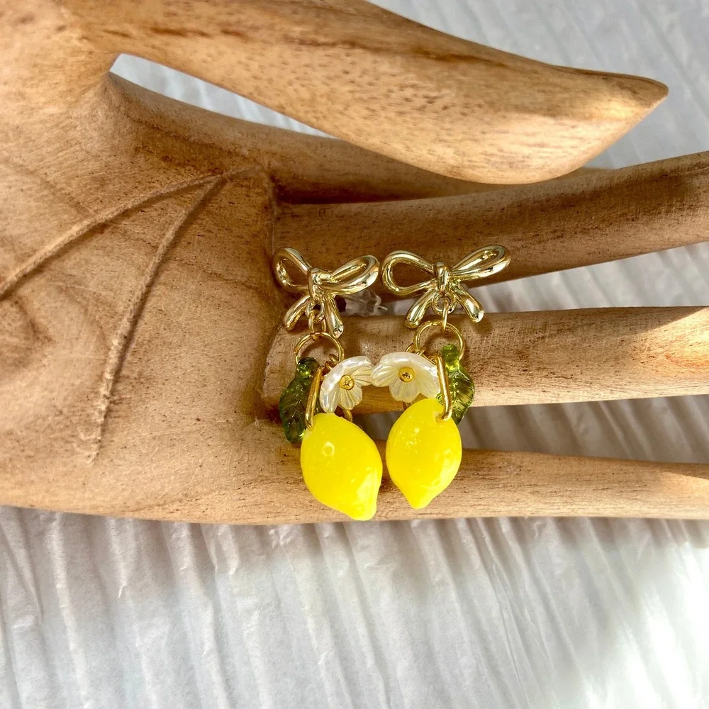 Lemon Fruit Flower‎ Blossom Gold Tone Bow Dangle Drop Earrings - Picture 2 of 10